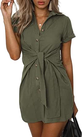 ZESICA Women's Summer V Neck Short Sleeve Button Down Front Tie Casual Beach Short A Line Dress Green