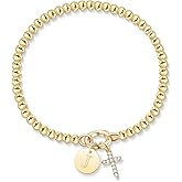 Free bird Gold Cross Bracelet for Women Stretchy Bracelets 14K Gold Charm Monogrammed Bracelet Valentines Day