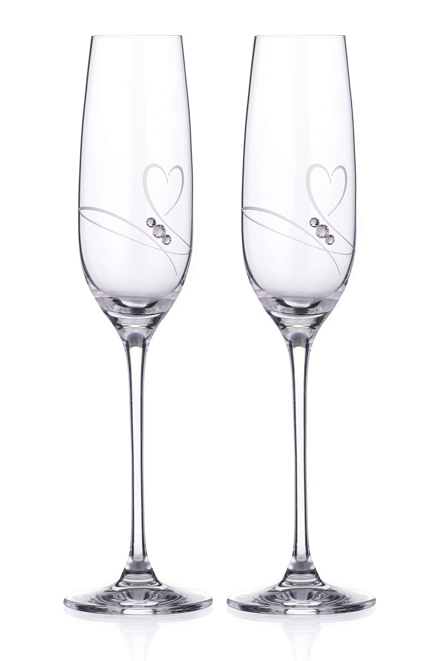 DIAMANTE Champagne Flutes Prosecco Glasses Pair with ‘Romance ’ Hand Cut Design Embellished with Crystals Set ot Two Glasses with Gift Box