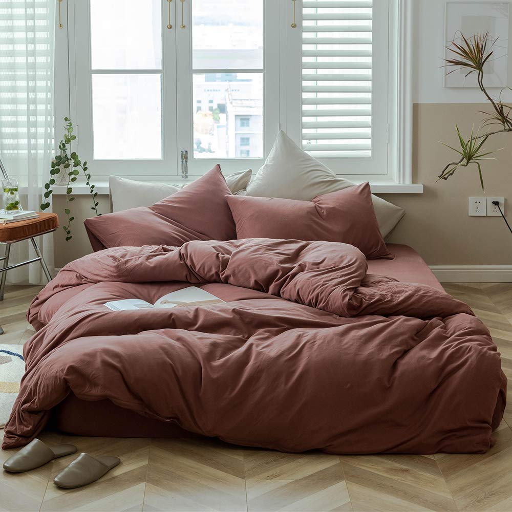 Photo 1 of AMWAN Brick Red Duvet Cover Full Size Soft Jersey Knit Cotton Duvet Cover Solid Red Bedding Sets Simple Style Brick Red Comforter Cover 1 Full Duvet Cover with 2 Pillowcases Boho Farmhouse Bed Set