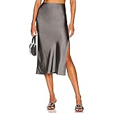 E EMZHOLE Womens Satin Skirts Casual Silk High Waist Slit Midi Skirt Elastic Waistband Elegant Work Skirts