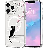 Houdqklee Magnetic Black Cat for iPhone 12/12 pro Case, Cute Kawaii Girly Cat Cherry Blossom Magnetic Phone Case Compatible with MagSafe, Clear Soft Slim Case for Women Girls for iPhone 12/12 pro