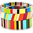NVENF Tile Bracelets Enamel Rainbow Tile Bead Bracelets Colorblock Stackable Stretch Bracelets Bohemia Tile Strand Bangle Bracelet Set for Women Men