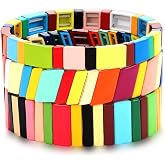 NVENF Tile Bracelets Enamel Rainbow Tile Bead Bracelets Colorblock Stackable Stretch Bracelets Bohemia Tile Strand Bangle Bracelet Set for Women Men