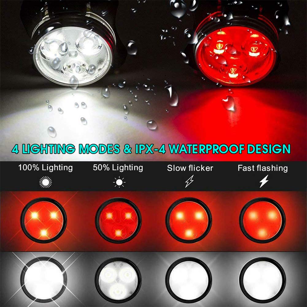 USB Rechargeable Bike Light Set, Super Bright Front Headlight and Rear LED Bicycle Light, 4 Light Mode Options, Water Resistant IPX4(2 USB Cables and 2 Strap Included)
