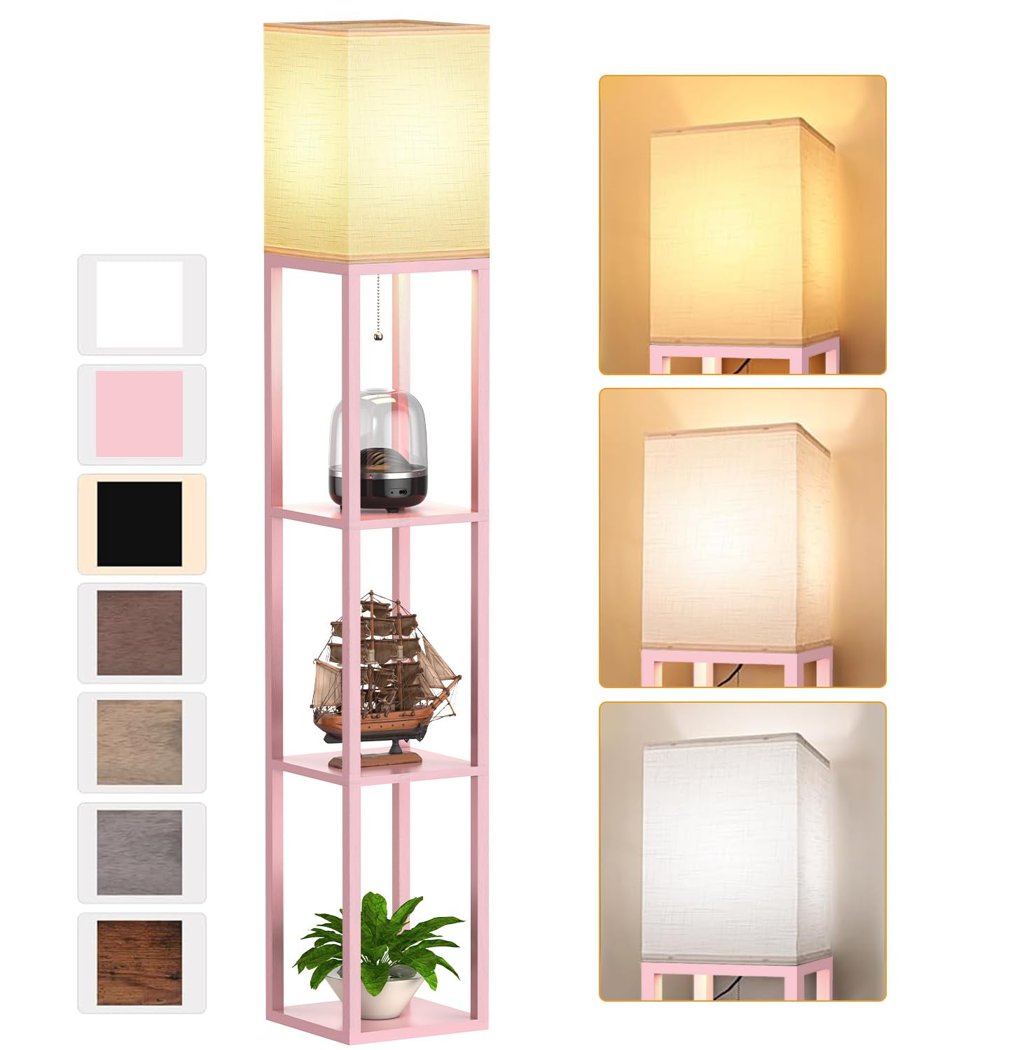 Pink Floor Lamp with Shelves for Living Room, Shelf Floor Lamp with 3 CCT LED Bulb, Corner Display Standing Column Lamp Etagere Organizer Tower Nightstand with White Linen Shade for Bedroom, Office Image Pink Floor Lamp with Shelves for Living Room, Shelf Floor Lamp with 3 CCT LED Bulb, Corner Display Standing Column Lamp Etagere Organizer Tower Nightstand with White Linen Shade for Bedroom, Office Image