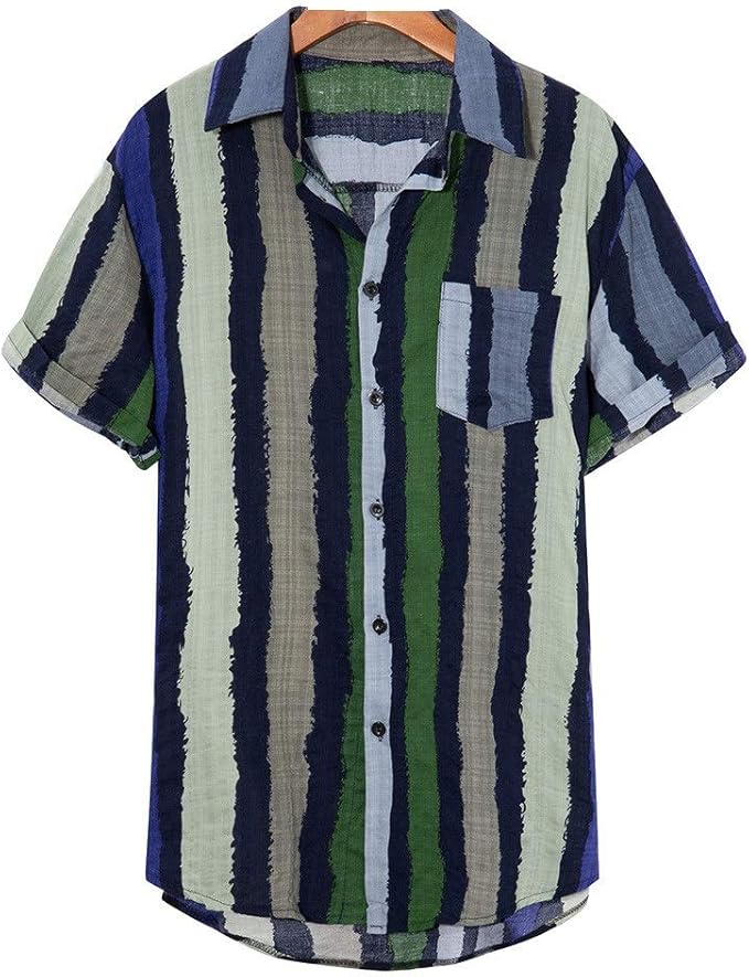 SEWORLD Men's Beach Casual Shirts Loose Multi Color Stripe Lump Chest