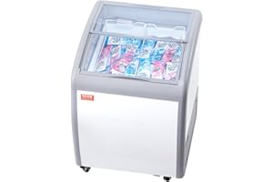 VEVOR Commercial Ice Cream Display Case, 5.4 Cu.ft Chest Freezer, Mobile Glass Top Deep Freezer, Restaurant Gelato Dipping Cabinet with 2 Wire Baskets, 2 Sliding Glass Doors, Locking Casters, White