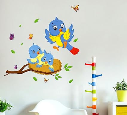 Decals Design Happy Birds Family Wall Decal (PVC Vinyl, 60 cm x 45 cm x 60 cm, Multicolour)