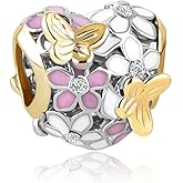 MZC Jewelry Butterfly Pink Flower Charm Compatible with Women Pandora Bracelet