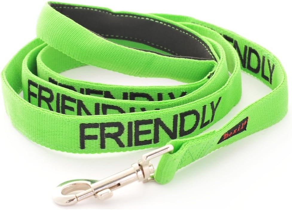 Dexil FRIENDLY (Friendly To All) Green Warning Dog Colour Coded Luxury Padded Personalised 1.8m 6ft Lead Leash To Prevent Accidents or Incidents. Dog Award Winning