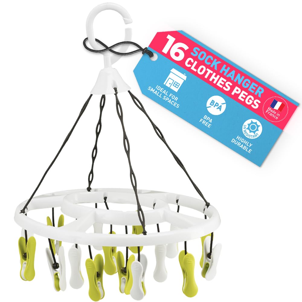 culiclean Sock Hangers for Drying – Washing Line Sock Hanger with 16 Pegs – Sock Dryer with Pegs for Laundry and Underwear – 1 Hanger – white-green-white-white-green
