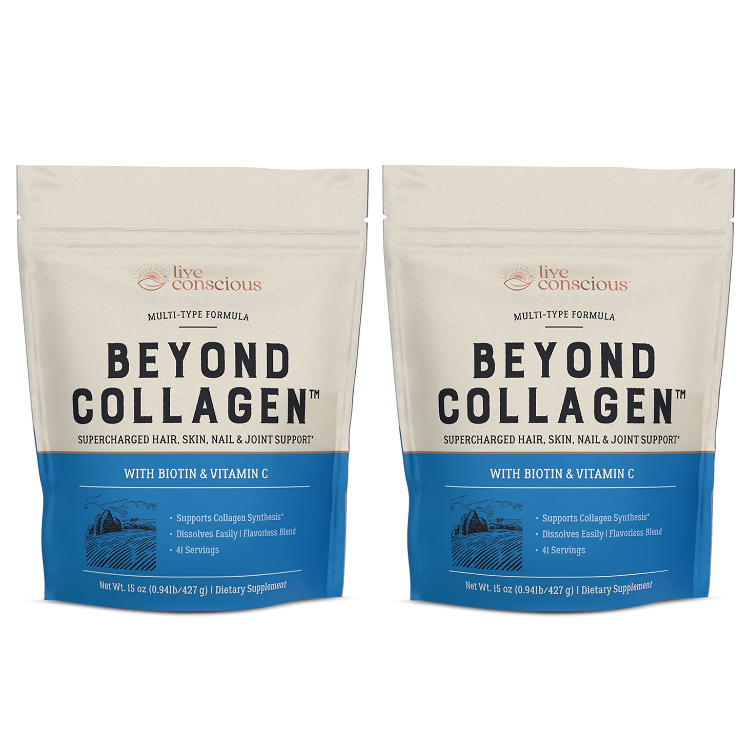 Live Conscious Beyond Collagen Multi Collagen Powder w/Types I, II, III, V & X - Keto Friendly, Hydrolyzed Collagen Peptides Powder Blend w/Biotin & Vitamin C (2-Pack)