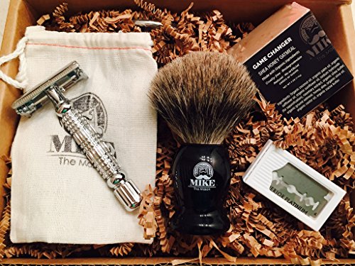 Complete Wet Shave Kit | Mike the Mason | Gift Set Includes: 1 Hawk Razor, 1 Pure Badger Hair Brush, 1 Organic Honey Oatmeal Shave Bar, 5 Premium Mens Blades, and a Razor Stand