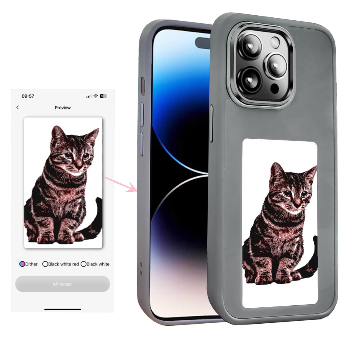 KSOPUERT Smart Ink Screen Picture Display Phone Case Work for iphone 15,Long-Lasting Display,NFC Phone Case (Gray)