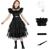 Vintage Goth Black Dress Costume Gothic Cosplay Dance Tulle Lace Skirt Halloween Party Outfit with Necklace