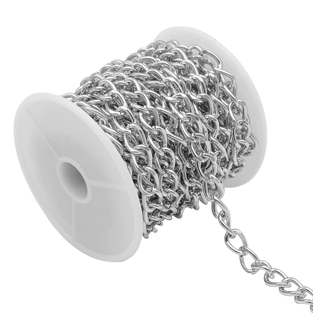GYSRXS 5 m Roll Aluminium Curb Chains with Spool Chain Sold by the Metre Coil Chain Metal Chain Used for DIY Bracelet Chain Jewellery Making, 6.5 x 10 mm (Silver)