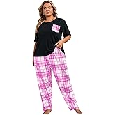 OYOANGLE Women's Plus Size 2 Piece Pajama Set Short Sleeve Shirt with Long Pajama Pant