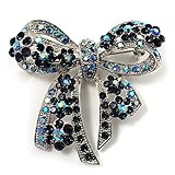 Stunning Navy Blue Swarovski Crystal Bow Brooch (Silver Tone)
