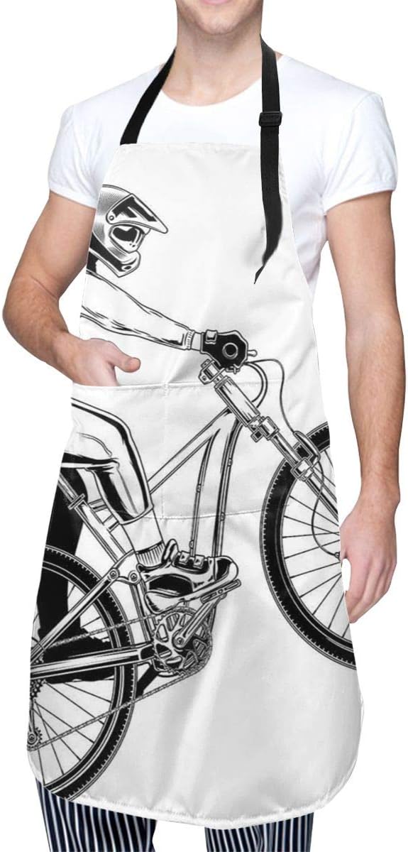 Amazon Kapanou エプロン 極端な自転車トリックをテーマにしたイラストライダーモノクロスタイルデザイン おしゃれ スタイリッシュ 無地 ポケット付 男女兼用 シンプルデザイン 仕事用 家庭用 カフェ用 保育士用 しわになりにくい エプロン オンライン通販