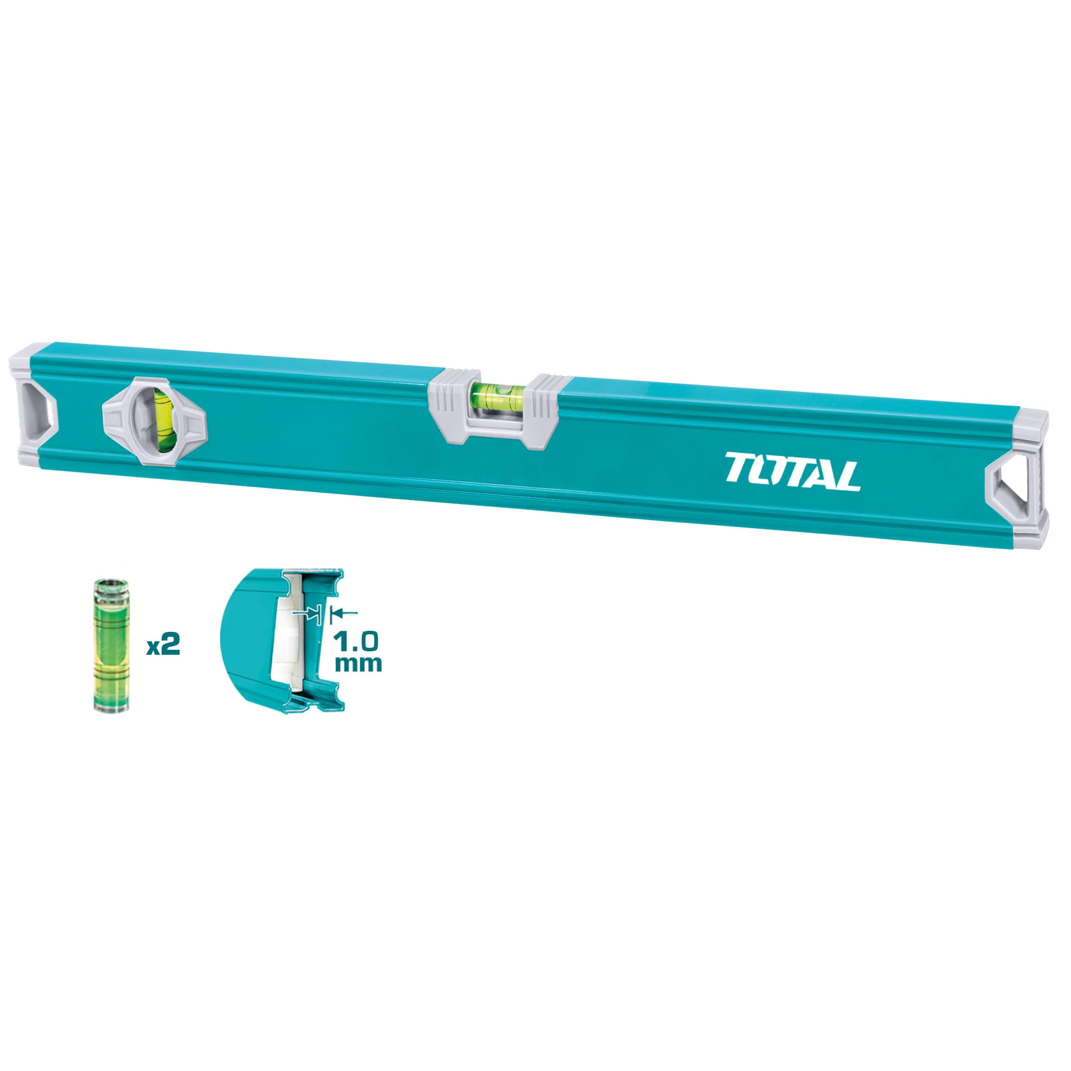 TOTAL - Aluminium Bubble Level | 100 cm with 2 Bubbles for Precise Horizontal & Vertical Alignment | Shock-Absorbing ABS Side for Construction & DIY | Blue, 1000 mm