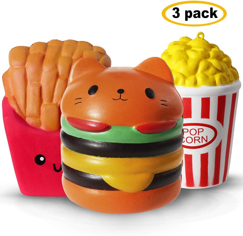Acekid Jumbo Squishy, 3pcs Slow Rising Squishies, Stress Relief Squeeze Party Toys for Kids and Adults(Hamburger, French Fries and Popcorn)