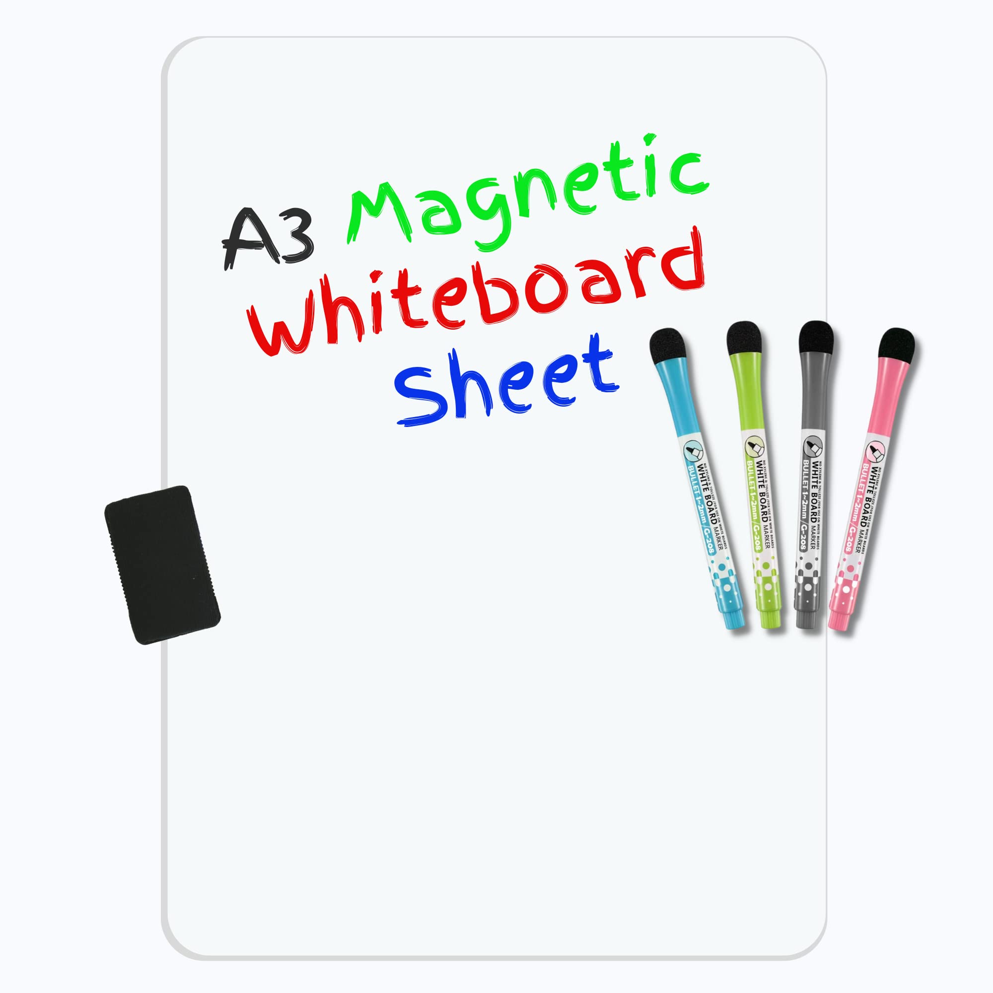 Whiteboard Sheet for Fridge - Magnetic Dry Erase White Board Organiser - A3 Memo Board - Reminder Notice - Menu Planner - Shopping List - 4 Markers Plus Big Eraser (12 x 16 inches)