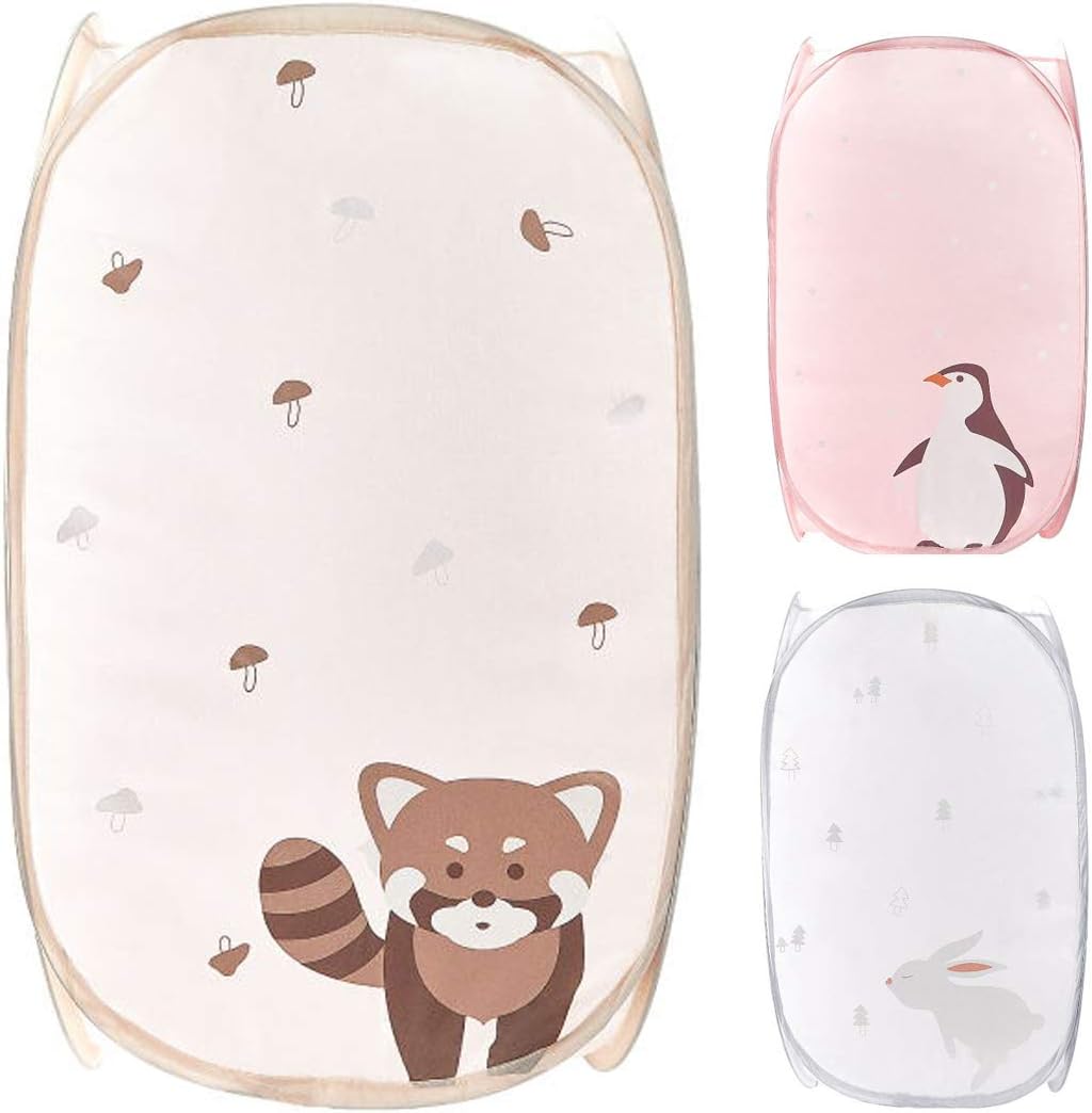 Mesh Pop-Up Laundry Basket Durable Fabric Collapsible Laundry Hamper, Cute Animal Design Storage Basket for Kids, Toys, Pets, Clothes, Nursery（Brown Raccoon）