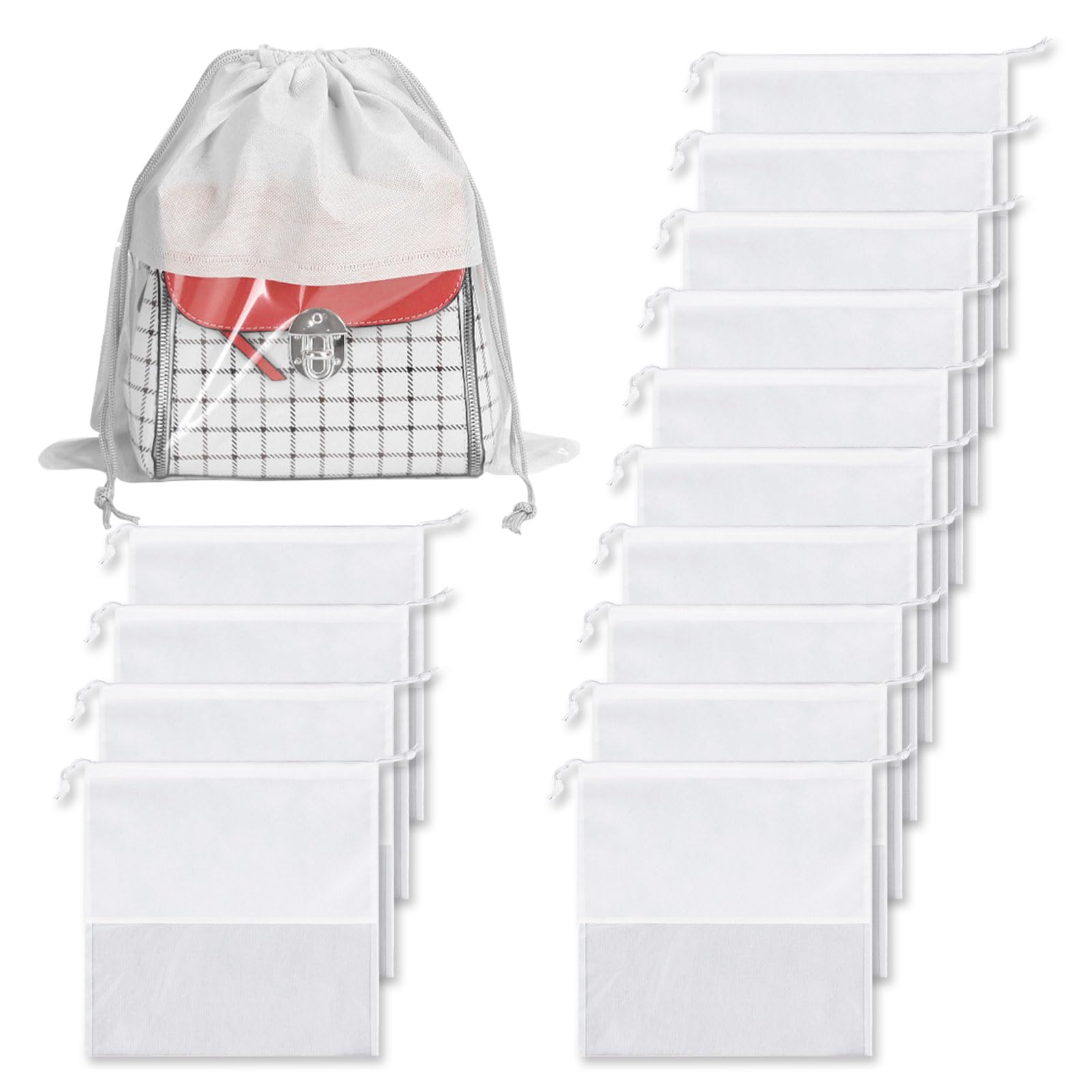 JOJOCY 15Pcs Dust Bags for Handbags, 35cm Non-Woven Fabric Dustproof Drawstring Bag Clear Window Dust Cover Storage Bags Handbag Storage Organizer (White)