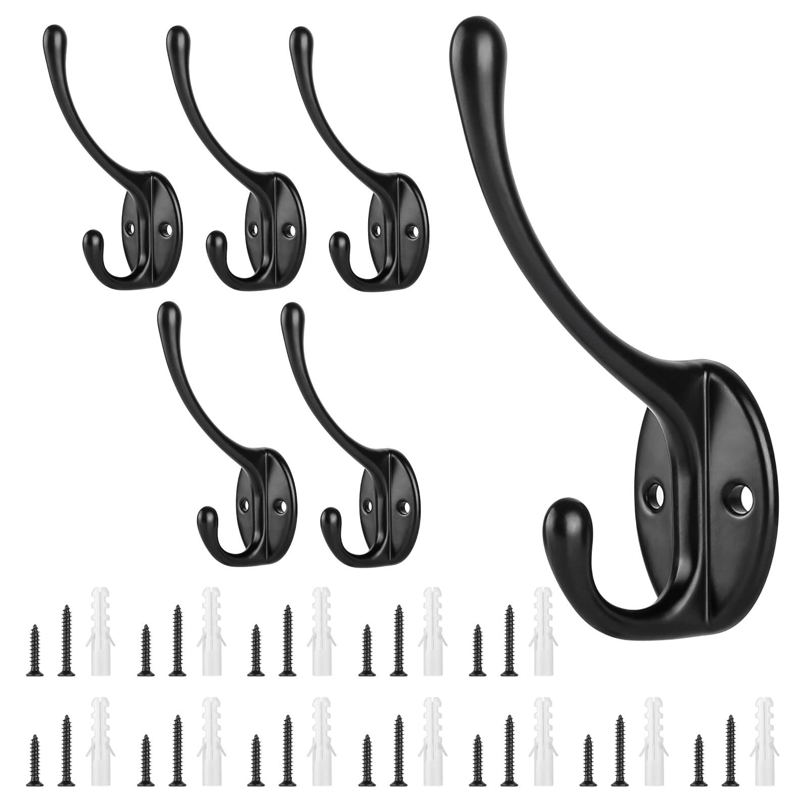 Sinofort Coat Hook, 6 Pcs Heavy Duty Black Coat Hooks, Wall Mounted Metal Hooks with 24 Screws for Wall, Door, Wardrobe (Black)