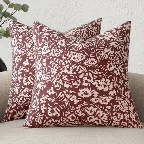Photo 1 of MIULEE Floral Pillow Covers 18x18 Set of 2, Neutral Linen Decorative Throw Pillow Covers for Sofa Couch Outdoor Living Room, Farmhouse Cushion Covers, Wine Red