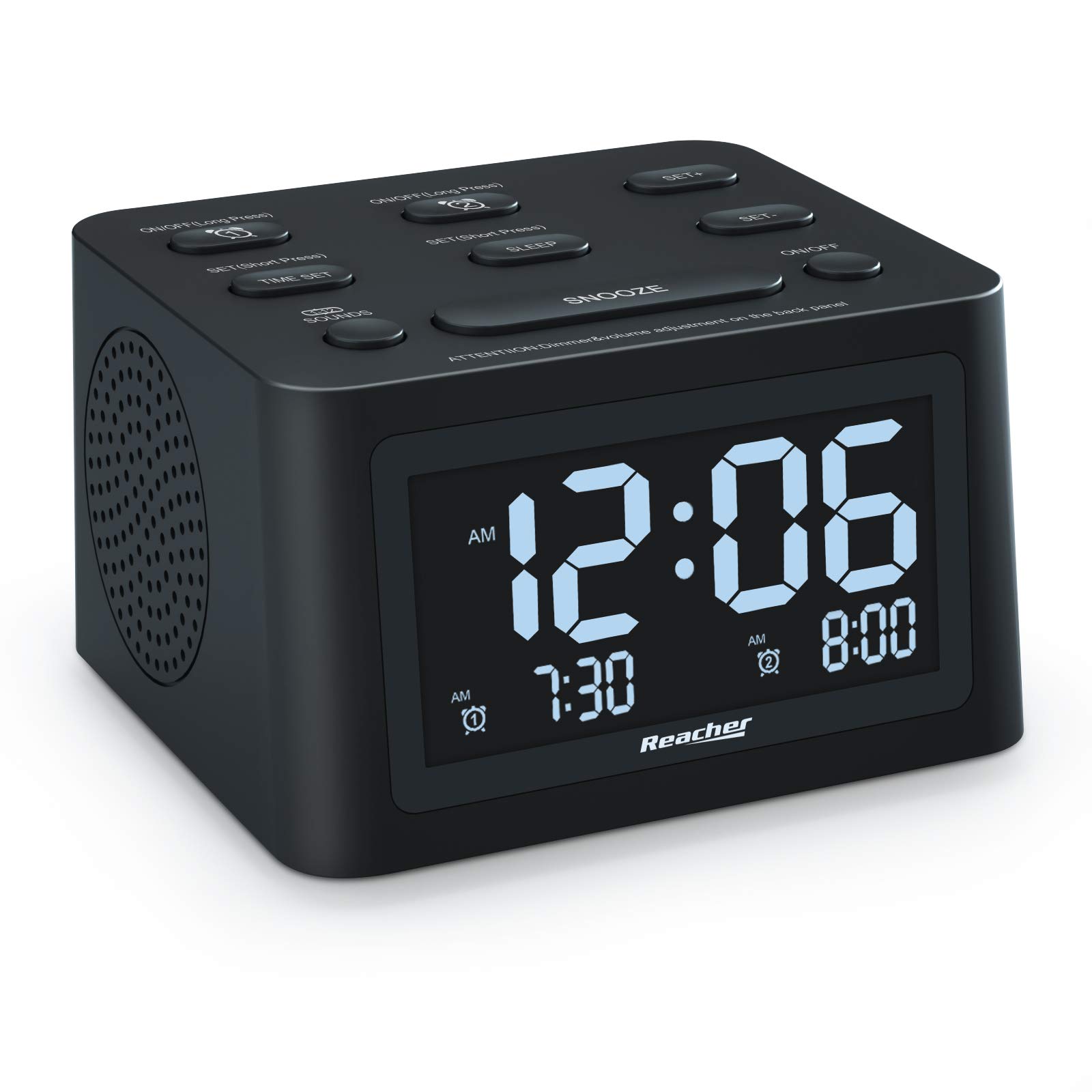 REACHER R3 Dual Alarm Clock and White Noise Machine with Adjustable Volume, 6 Wake Up Sounds, 12 Soothing Sounds for Sleeping, Auto-Off Timer, USB Charger, Battery Backup, 0-100% Dimmer for Bedroom