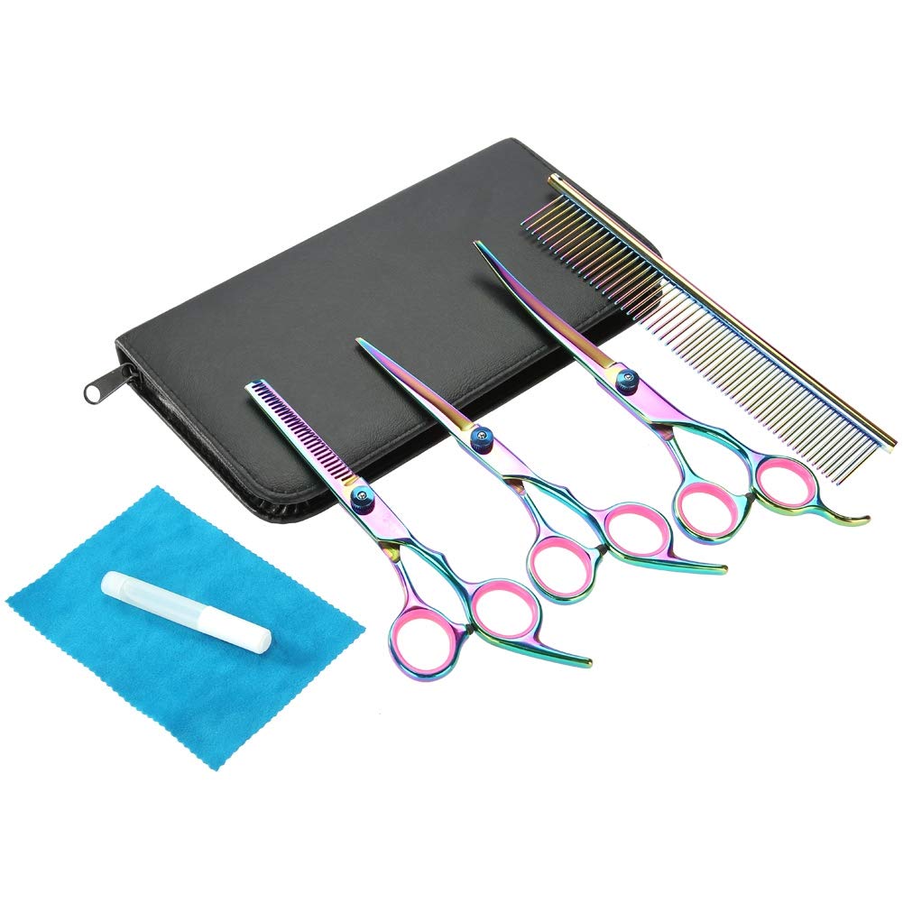 Pet Grooming Scissors Kit, 6 Piece Stainless Steel Colorful Pet Tool Set, Hair Cutting Thining Curved Scissors Grooming Hairdressing Shear, Grooming Comb