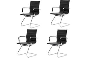 CIMOTA Waiting Room Chairs Leather Office Guest Chair Mid Back Reception Chairs with Sled Base for Meeting/Patient/Conference Room, Black Set of 4