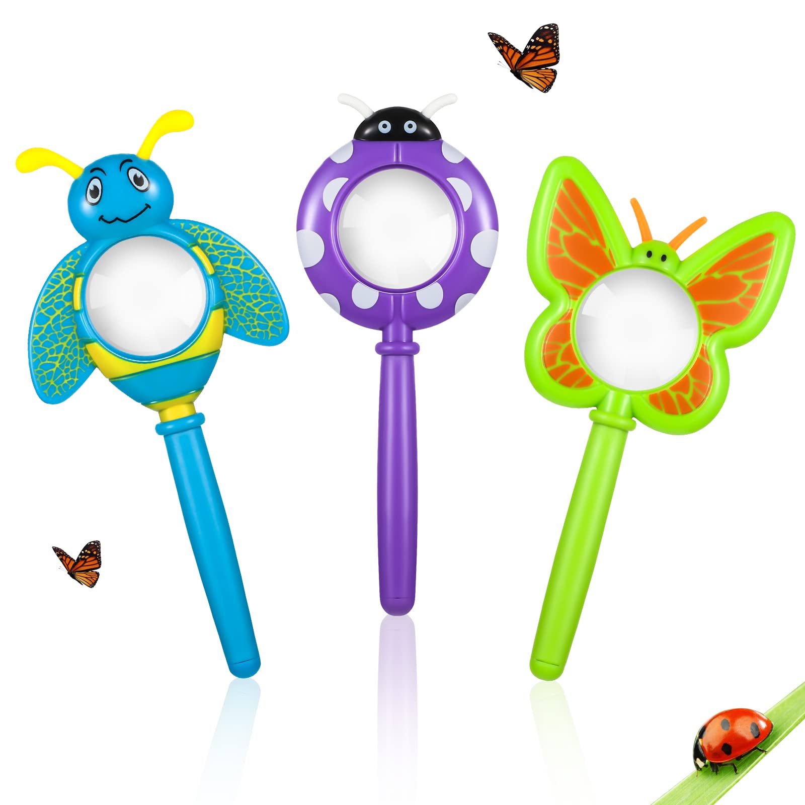Photo 1 of Oudain 3 Piece Flower Magnifying Glasses for Kids Pretty Petals Design with Insect and Butterfly Theme, Handheld Magnifier for Boys and Girls, Gift for School, Outdoor Exploration