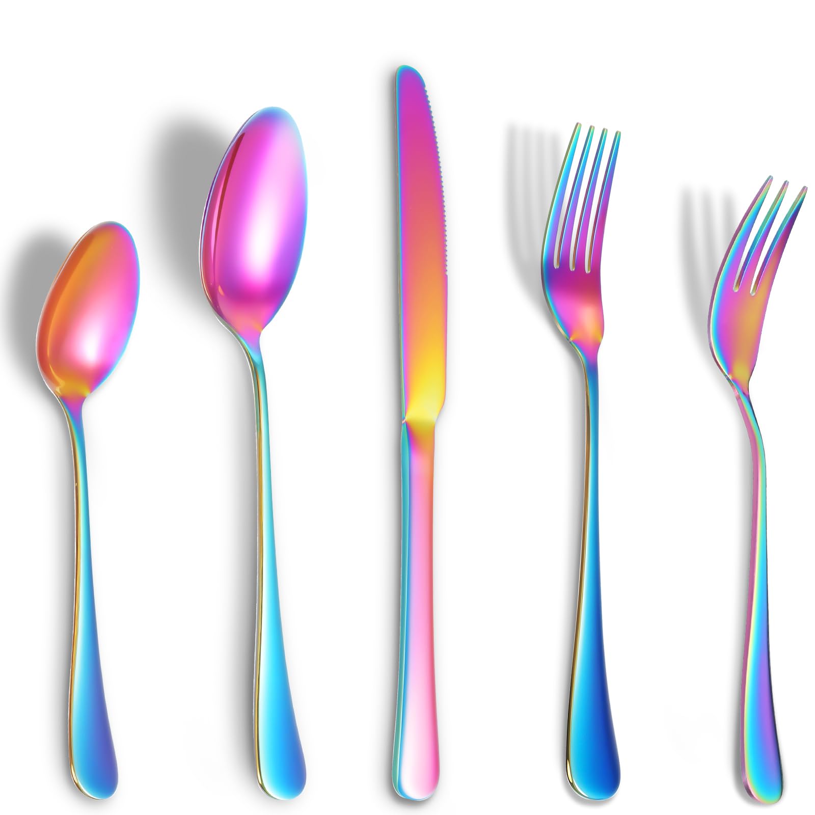 Andibro 5Pcs Rainbow Cutlery Set, Stainless Steel Rainbow Flatware Set Round Handle Colorful Silverware Set for Kitchen Home Restaurant Dishwasher Safe