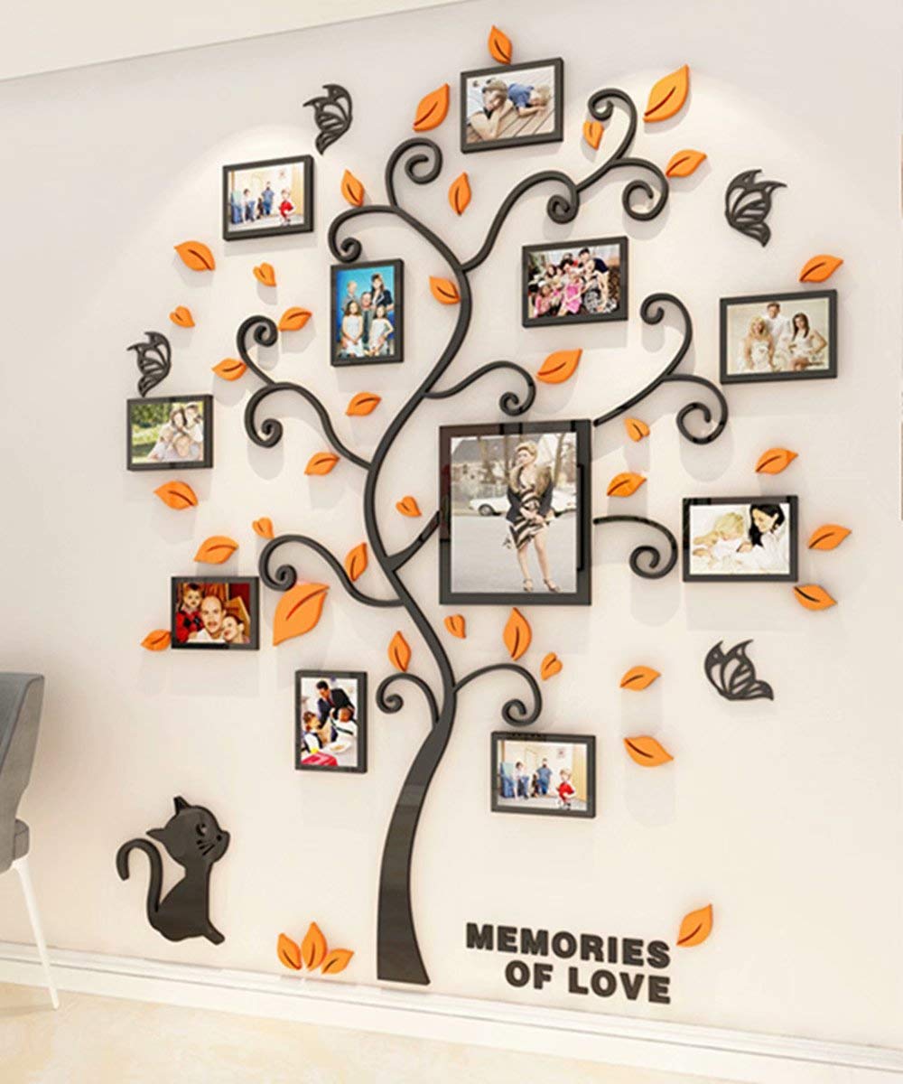 3D Tree Wall Stickers DIY Large Family Photo Frames Tree Cat Wall Decal Art Murals Tree Sticker for Living Room Bedroom Restaurant Home Decor(Orange,M: 160 * 132cm)