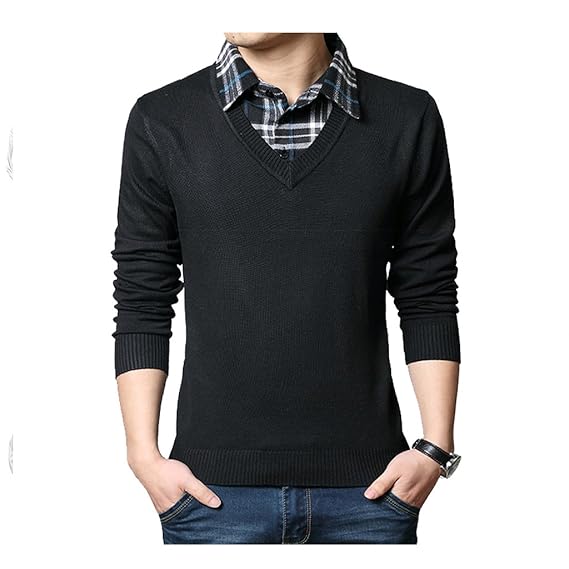 Amazon Spinas スピナス メンズお洒落重ね着風 Vネック ニット