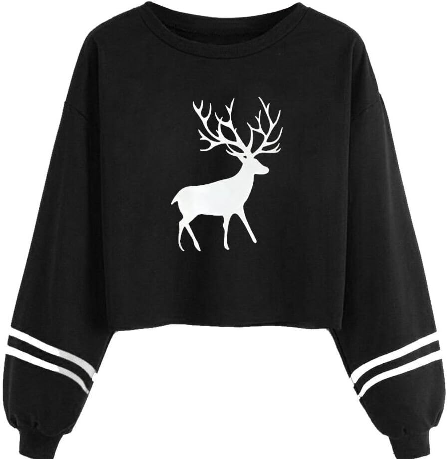 LILICAT Womens Christmas Elk Sweatshirt, Christmas Elk Hoodie Women Casual Long Sleeve O Neck Deer Print Sweatshirt Short Pullover Tops Blouse Autumn Winter Fashion Cute Sweater