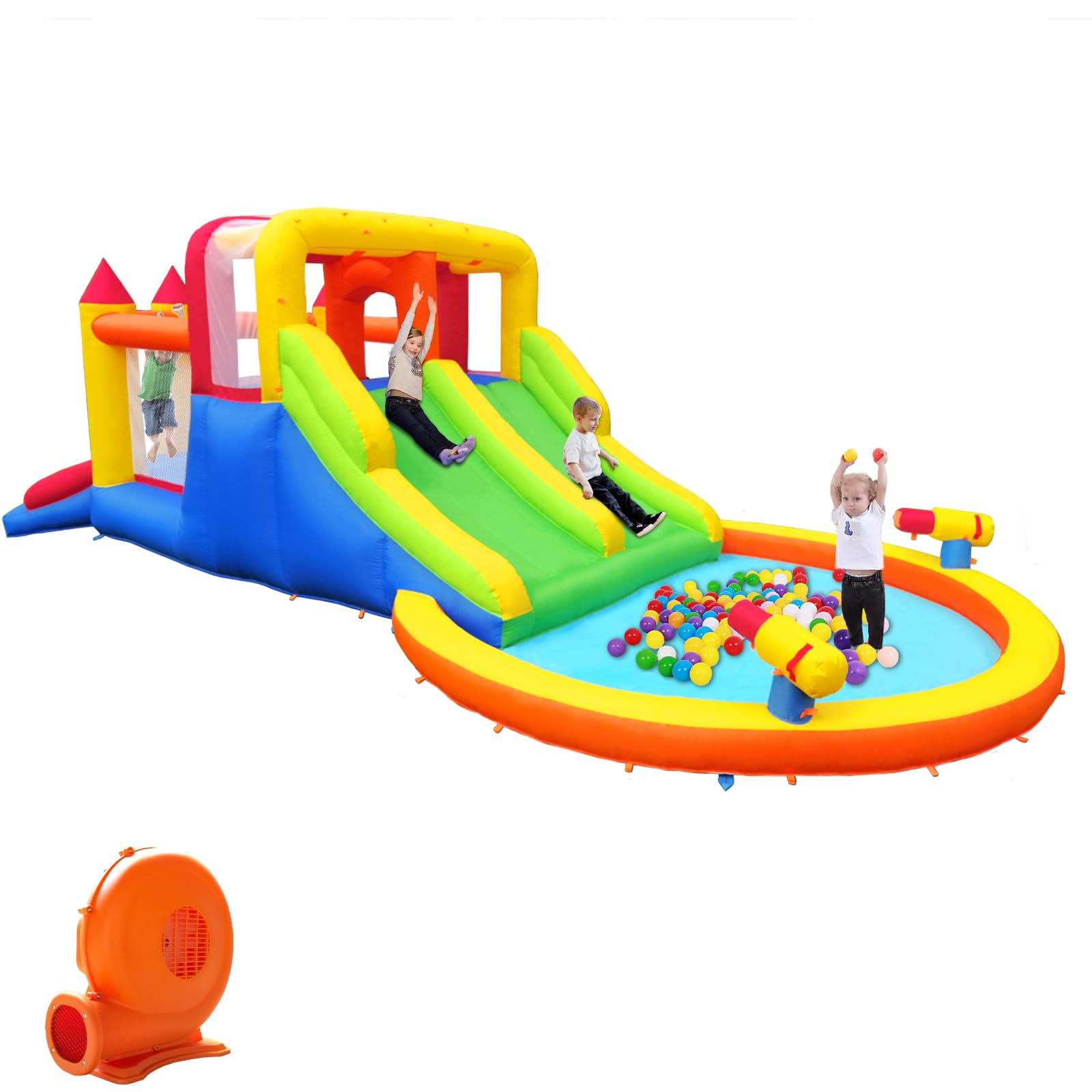 Inflatable Bouncy Castle with 4 Slides, Large Bounce House with Spray Slide Trampoline Water Pool, Inflatable Water Slide with Blower for Kids Toddlers Outdoor Indoor, 6.28 x 2.93 x 1.95m