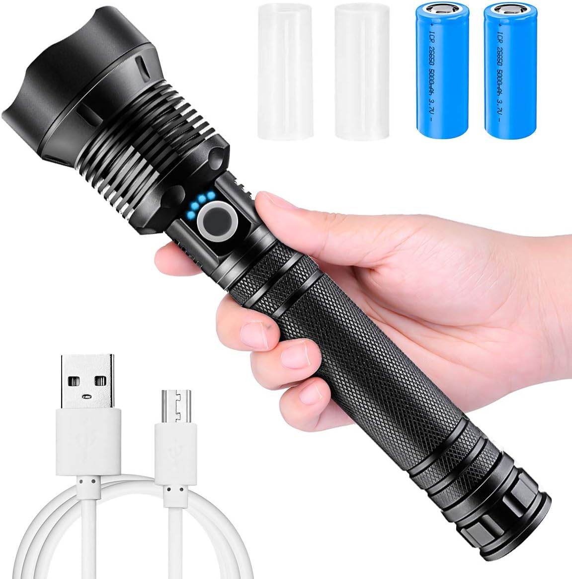 LED Flashlight, 90000 Lumens, Zoomable & Most Powerful Torch with 26650 Battery & USB Rechargeable, 3 Modes Searchlight for Outdoor or Home Emergency (P70 - Black) - - 