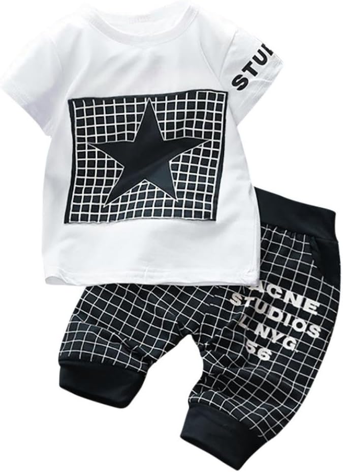 Unisex Bodysuit,OSYARD 2Pcs Infant Kid Boys Girl Letter Star Print Plaid Tops+Pants Outfits Clothes Set for 0-24M