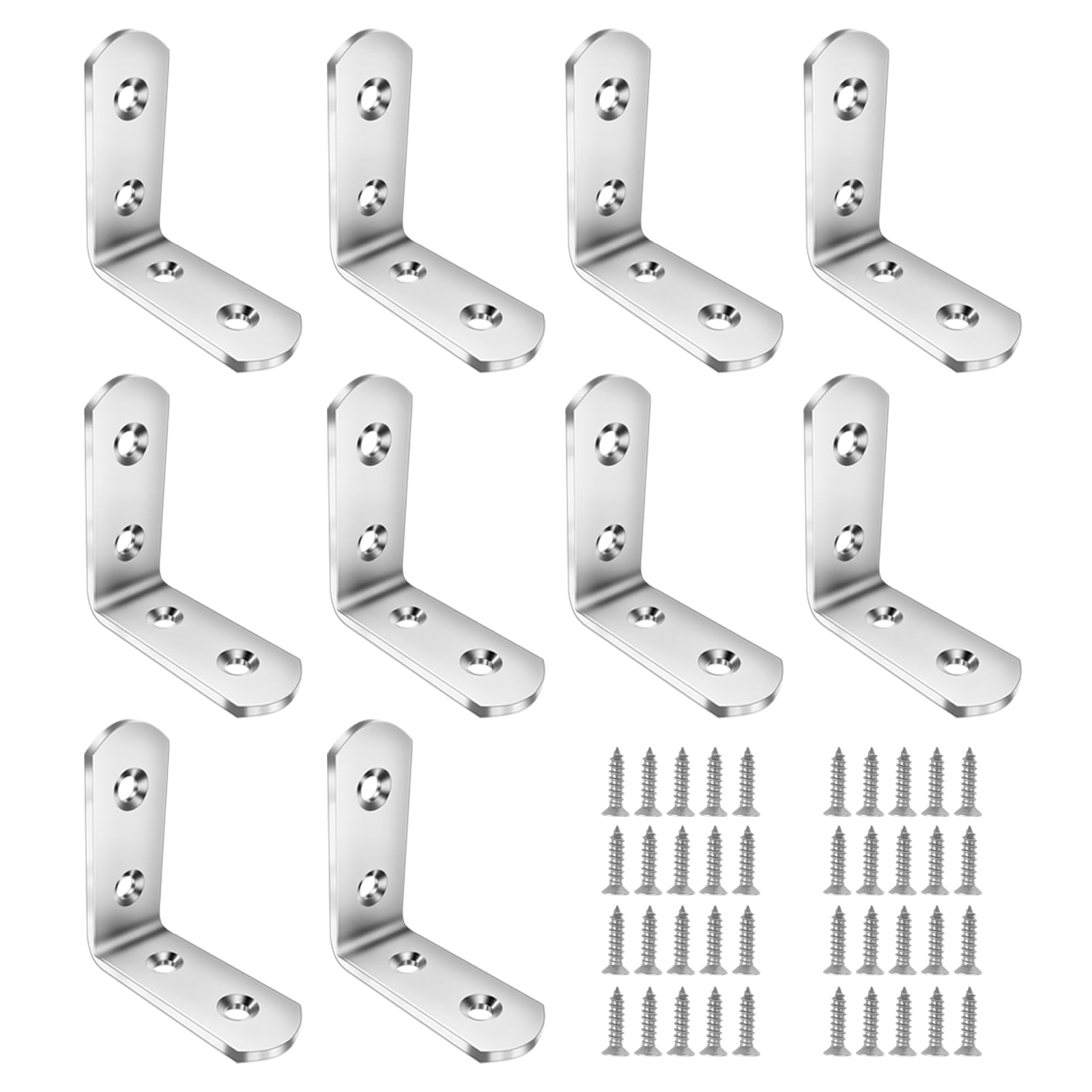 BuxiuGK 10 Pieces Corner Brackets 50 x 50mm,L Shape Right Angle Stainless Steel Metal Brackets with Screws for Desk, Table, Chairs,Wood Furniture Cabinets