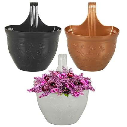 MUCH-MORE Hook Planters for Plants Railing Flower Pots | Balcony Railing Vertical Hanging for Home Gardening | Plastic Lily Hook Pot with Lock (Pack of 3 Multi HD-179)