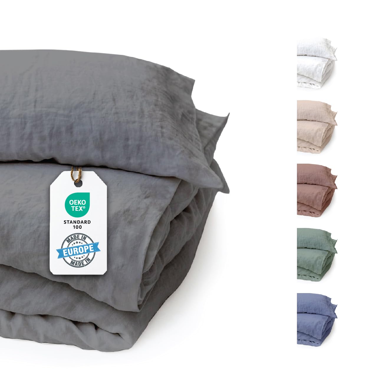 BLUE MOON Bed Linen Set, 2 Pieces Stone-Washed Linen, Including Duvet Cover & Pillowcase, 140 x 200 + 70 x 90 cm, Charcoal, Made in EU