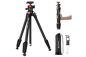 K&F CONCEPT 63" Aluminum Travel Tripod for Camera w Phone Holder, Non-Reversible Lightweight Compact Tripod Weighs 2.6lb, Max Load 22lb for Camera DSLR Mirrorless Spotting Scope Camcorders Phone