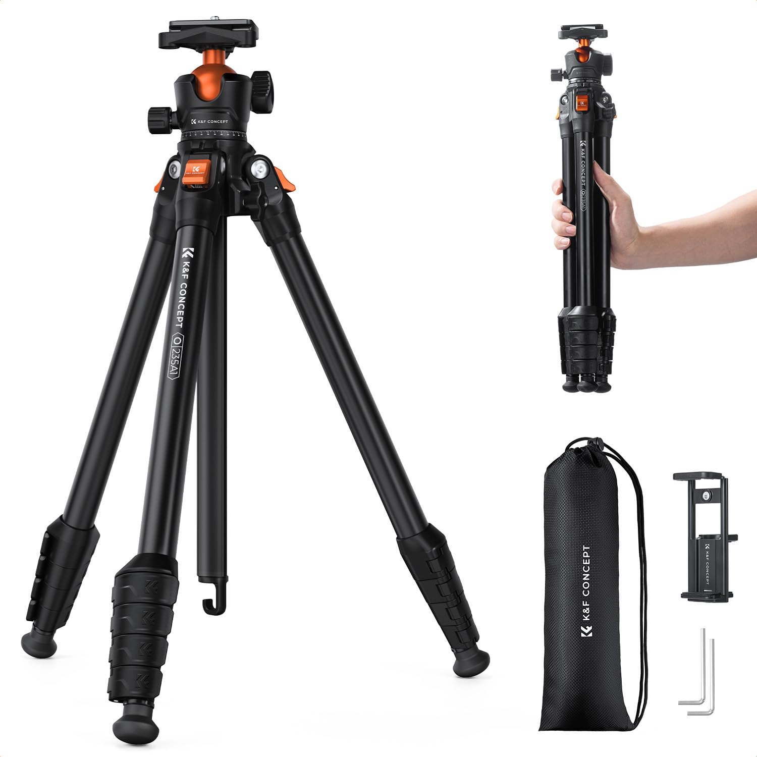 Photo 1 of K&F CONCEPT 63" Aluminum Travel Tripod for Camera w Phone Holder, Non-Reversible Lightweight Compact Tripod Weighs 2.6lb, Max Load 22lb for Camera DSLR Mirrorless Spotting Scope Camcorders Phone