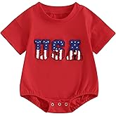 FEIBEL 4th of July Baby Outfit Infant Boy Girl Bubble Romper USA Embroidery Short-Sleeve Crewneck One-Piece Holiday Outfit