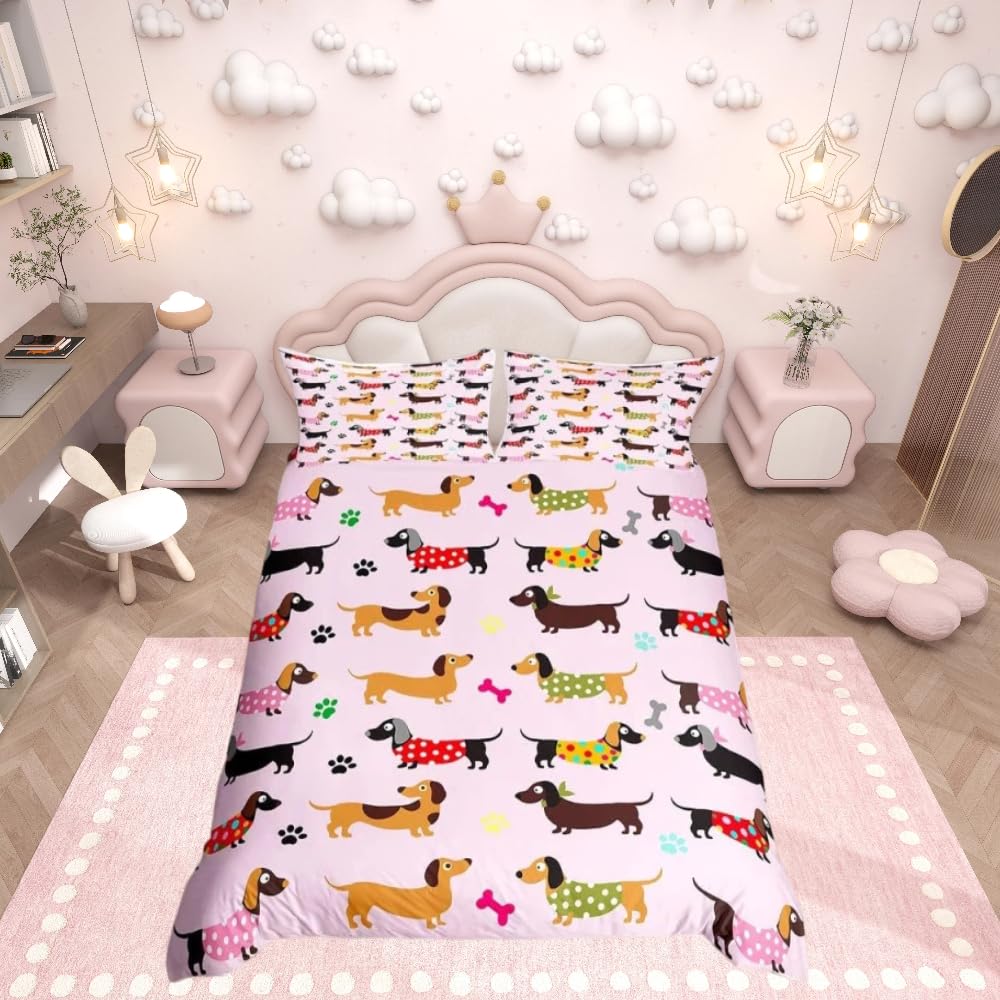 Homemissing Cute Dachshund Duvet Cover Sausage Dog Bedding Set for Kids Boys Girls Cartoon Dachshund Puppy Comforter Cover Kawaii Pet Bedspread Cover 2Pcs Zipper Single Size