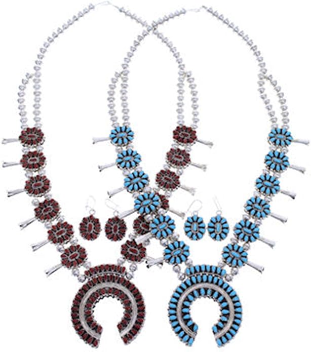 Navajo Turquoise Coral Reversible Squash Blossom Necklace